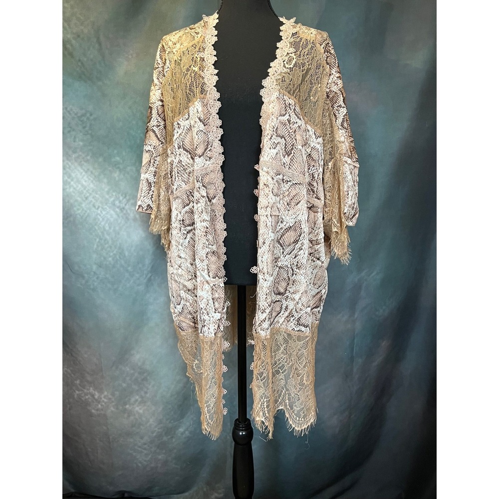 POL Womens Snake Print Kimono Size Large Lace Trim Fringe Open Front Cardigan